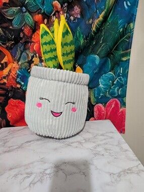 Toy Factory Plush Smiling Snake Plant Pot - Light Gray with Green Leaves